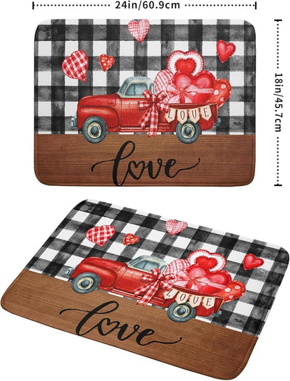 Valentine's Day Red Heart Truck Dish Drying Mat for Kitchen Counter,Black White Buffalo Plaid Love Drying Mat 18 x 24 Inch with Absorbent Reversible Microfiber Dish Drying Pad for Coffee Bar - Image 2