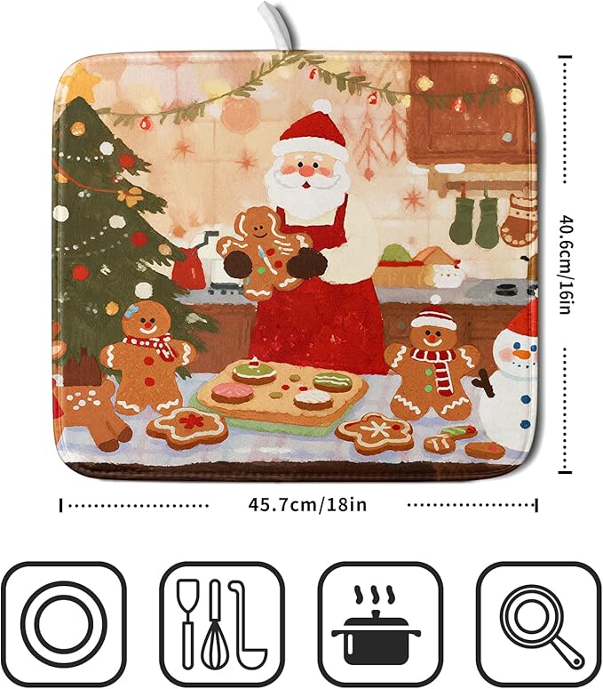 Christmas Dish Drying Mat for Kitchen Counter 16x18 Santa Claus Gingerbread Winter Xmas Holiday Themed Absorbent Reversible Microfiber Drying Mats Kitchen Countertop Protector Dishes Drainer Rack Pad - Image 2