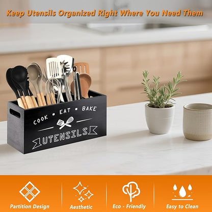 Large Black Utensil Organizer with Removable Dividers - Ideal Wooden Kitchen Countertop Organizer （black 4 Compartment）