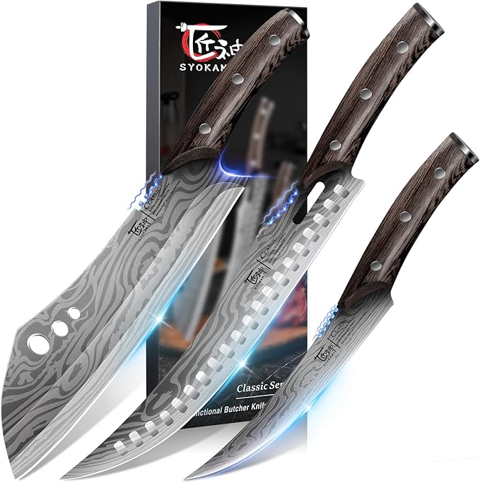 SYOKAMI Butcher Knife Set, 3 PCS Kitchen Knives Set for Cutting, Meat Cleaver Chef Knife Set, Japanese Style High Carbon Steel Knives Set, Chopping & Slicing & Boning for Home and BBQ, Gift for Mom