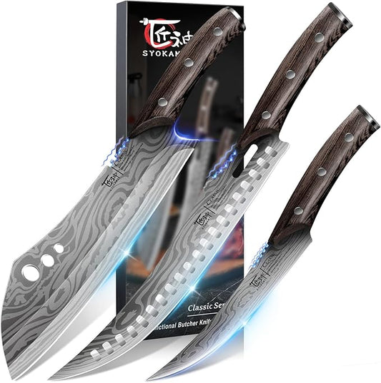 SYOKAMI Butcher Knife Set, 3 PCS Kitchen Knives Set for Cutting, Meat Cleaver Chef Knife Set, Japanese Style High Carbon Steel Knives Set, Chopping & Slicing & Boning for Home and BBQ, Gift for Mom