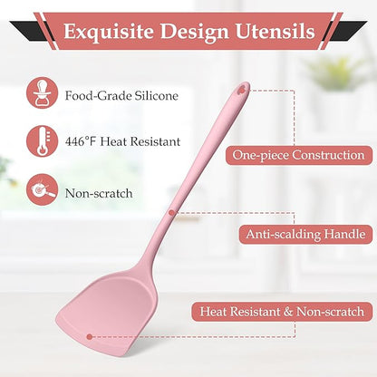 LIANYU Kitchen Silicone Utensils Set, 8Pcs Cooking Utensils Spatula Set for Nonstick Cookware, Heat Resistant Kitchen Gadgets Include Silicone Spoon, Turner, Spatula, Ladle, Dishwasher Safe, Pink - Image 4