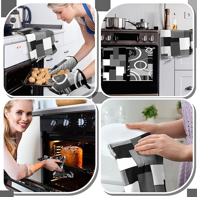 Jingmore 6 Pcs Kitchen Decor Set Accessorie Farmhouse Kitchen Towels Pot Holders Oven Mitts Set 2 Dish Towels 2 Pot Holders 2 Cooking Mittens Oven Glove for Cooking (Gray and Black,Geometric) - Image 5