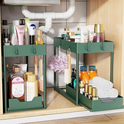 Simple Trending Under Sink Organizer 2 Pack, Sink Pull-Out Sliding Storage Cabinet, 2-Tier Under Shelf Organizer for Kitchen Bathroom, Green by SimpleTrending