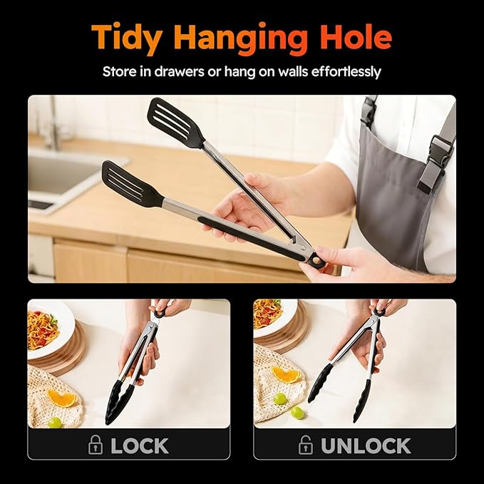 HST Tongs for Cooking with Silicone Tips(3 Pack), Non Stick Kitchen Tongs with Silicone Tip for Cooking BBQ Baking (12", Black) - Image 7