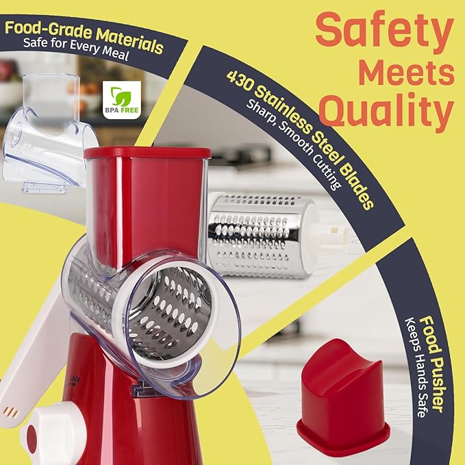 Cheese Grater Hand Crank, Rotary Cheese Shredder with 3 Interchangeable Blades for Coarse, Fine Shredding and Slicing, Strong Suction Base for Pizza, Pasta, Salad, Vegetables, Nuts, Chocolate - Image 7