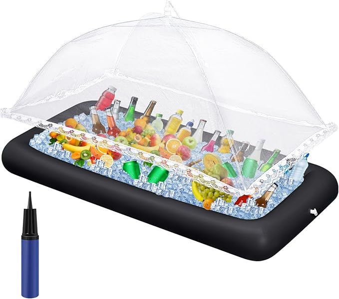 Leitee 3 Pcs Inflatable Serving Bar Kit Includes Salad Buffet Tray with Drain Plug Mesh Food Cover Food Drink Containers and Inflator for Ice Supplies Halloween Party Camping Picnic(Black)