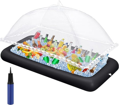 Leitee 3 Pcs Inflatable Serving Bar Kit Includes Salad Buffet Tray with Drain Plug Mesh Food Cover Food Drink Containers and Inflator for Ice Supplies Halloween Party Camping Picnic(Black)
