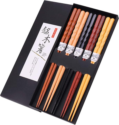 GLAMFIELDS Reusable Chopsticks Japanese Natural Wooden 5 Pairs Classic Style Lightweight Hand-Carved Safe Chop Sticks 8.8 Inch/22.5cm Gift Set by GLAMFIELDS