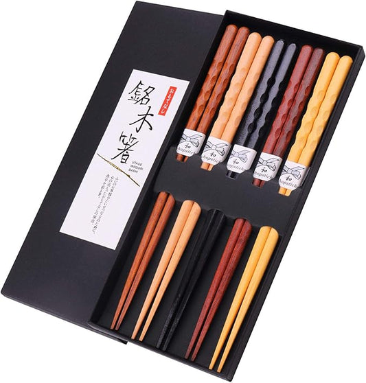 GLAMFIELDS Reusable Chopsticks Japanese Natural Wooden 5 Pairs Classic Style Lightweight Hand-Carved Safe Chop Sticks 8.8 Inch/22.5cm Gift Set by GLAMFIELDS