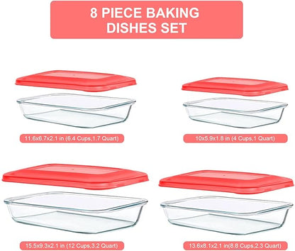 KOMUEE 8 Pieces Glass Baking Dish with Lids Rectangular Glass Baking Pan Bakeware Set with BPA Free Lids, Baking Pans for Lasagna, Leftovers, Cooking, Kitchen, Fridge-to-Oven, Red - Image 2