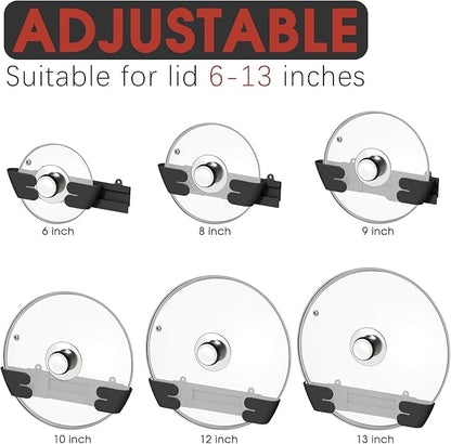Adjustable Universal Pot Lid Holder Organizer - Upgraded Patented Pan Lids Organizers Inside Cabinet Door Wall Mount Pots Top Rack for Kitchen Cupboard Fit 6" to 13" (8Pack-Black) - Image 3
