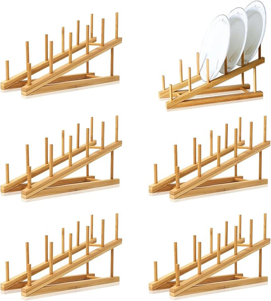 6 Pack Dish Rack Bamboo Drying Rack Wooden Plate Dish Rack Cabinet Organizer Kitchen Pot Lid Stand for Dish, Plate, Cup, Bowl, Cutting Board by TIE-DailyNec