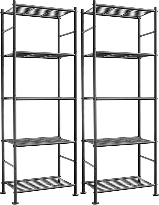 Sakugi Storage Shelves - Set of 2, 5-Tier Metal Shelf Organizer, Space-Saving Garage Shelving with Leveling Feet, Standing Shelves Organizer for Kitchen, Laundry, Pantry (18.4" x 12.6" x 57.4", Black) by Sakugi