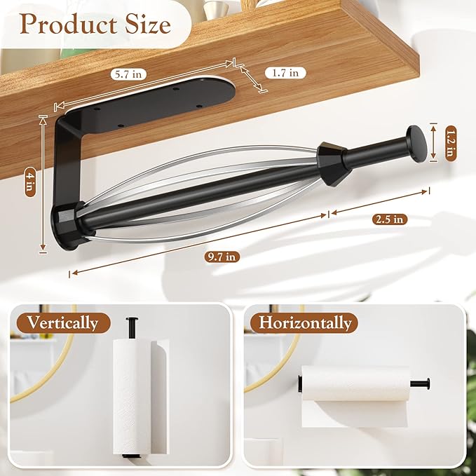 3 Pack Paper Towel Holder Under Cabinet + 2 Towel Robe Hooks, Single Hand Operable Wall Mount Paper Towel Holder with Damping Effect, Adhesive or Drilled Paper Roll Holders for Kitchen, Bathroom, RV - Image 4
