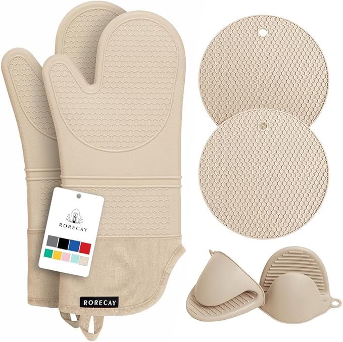 Rorecay Oven Mitts and Pot Holders Sets 6pcs, Extra Long Kitchen Silicone Oven Gloves High Heat Resistant 500 Degrees Non-Slip Potholders Hot Pads for Baking Cooking, Milkshake by Rorecay