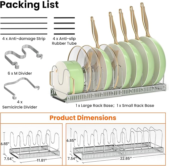 MUDEELA Pots and Pans Organizer Rack for under Cabinet, Expandable Pot Lid Kitchen Cabinet Organizer Holder with 10 Adjustable Compartment Cutting Board Organizer for Pan Lid Cookie Sheet Rack, Silver - Image 6