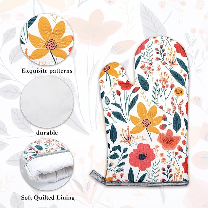 3 Pcs Kitchen Stuff,Wild Floral Kitchen Oven Mitts and Pot Holders Sets with Microfiber Kitchen Towels, Kitchen Accessories,Gifts for Women
