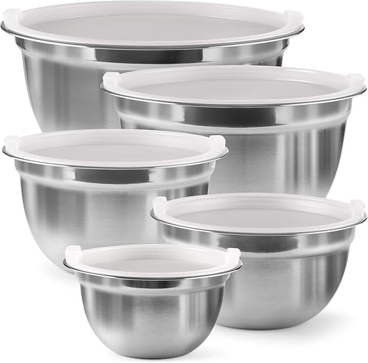 FineDine Stainless Steel Mixing Bowls Set with Lids, Home Kitchen Cooking Essentials Household Must Haves for Baking, 5 Pieces