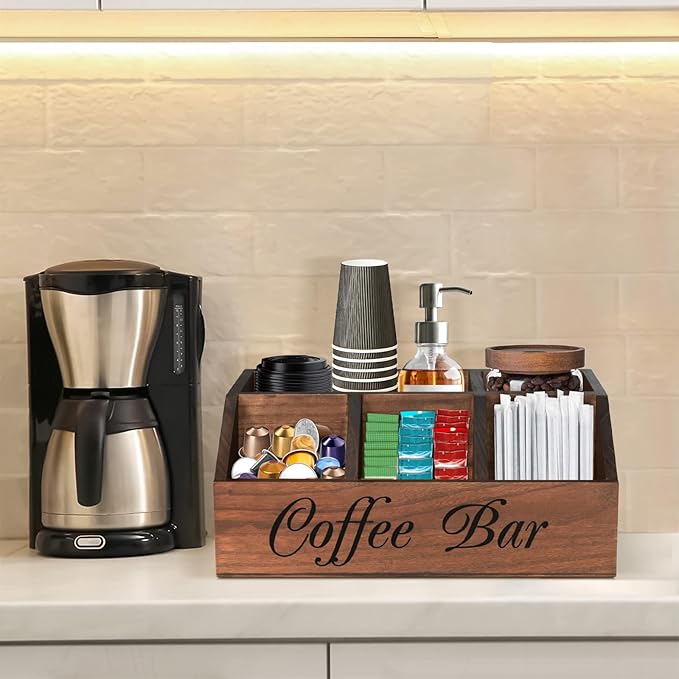 ugiftt Coffee Station Organizer for Counter, Wood Coffee Pods Holder Storage Basket, Tea Condiment Storage Organizer, Rustic Coffe Bar Decor for Accessories - Image 5