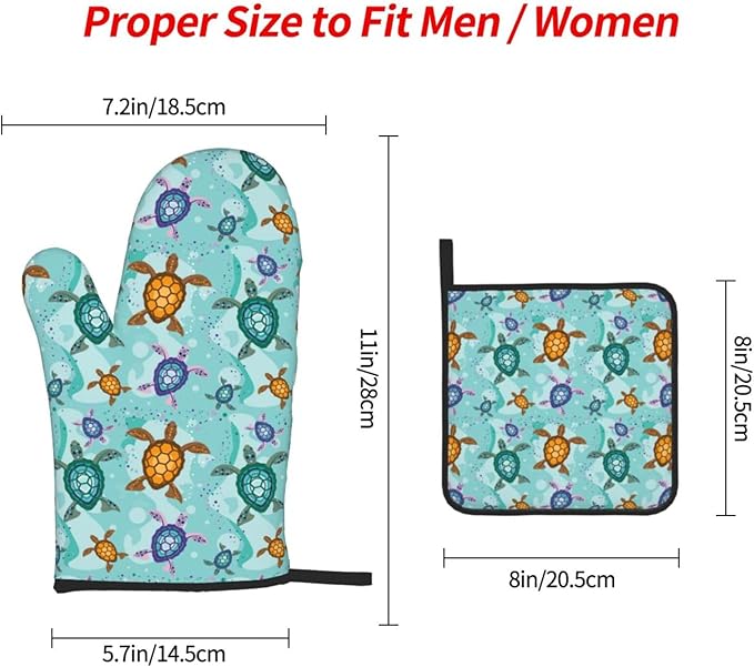 Cute Sea Turtle Beach Oven Mitts and Pot Holders Set Ocean Themed Decorative Heat Resistant Microwave Oven Gloves for BBQ Baking Grilling Cooks Kitchen Decor 3 Piece - Image 4