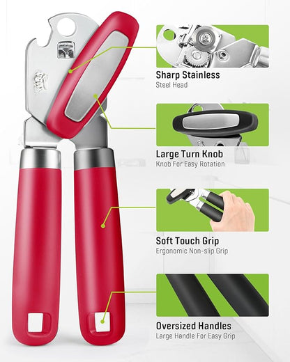 Multifunctional Can Opener Manual, Durable Heavy Duty Handheld Strong Can Opener with Smooth Cutting Edge, Friendly Kitchen Essentials Tool for Seniors, Camping and Bottle Opening-Red - Image 4