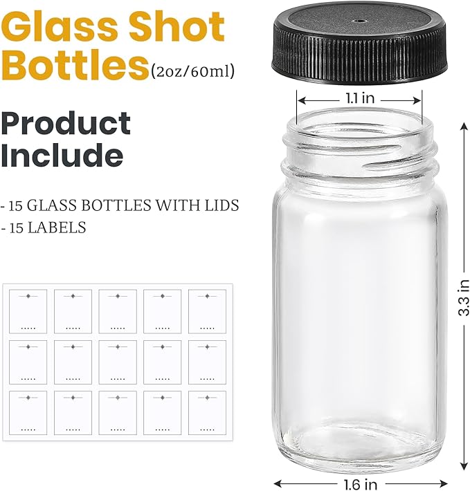 LANDNEOO 15 Pack 2 oz Glass Shot Mini Bottles w/Black Lids & 15 Labels - Small Clear Jar for Ginger, Wellness Shot, Juice, Sample, Whiskey - Travel Essentials - Wide Mouth, Leakproof, Dishwasher Safe - Image 2