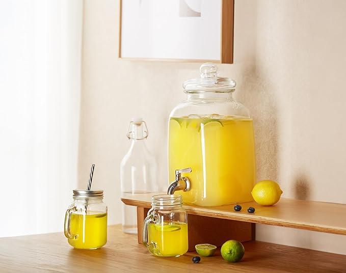 Kook Glass Drink Dispenser, with Leak-Proof Stainless Steel Spigot and Customizable Label Tag, Clear Mason Jar, Beverage Storage for Fridge, for Water, Iced Tea, Sangria, Lemonade, 1.25 Gallon