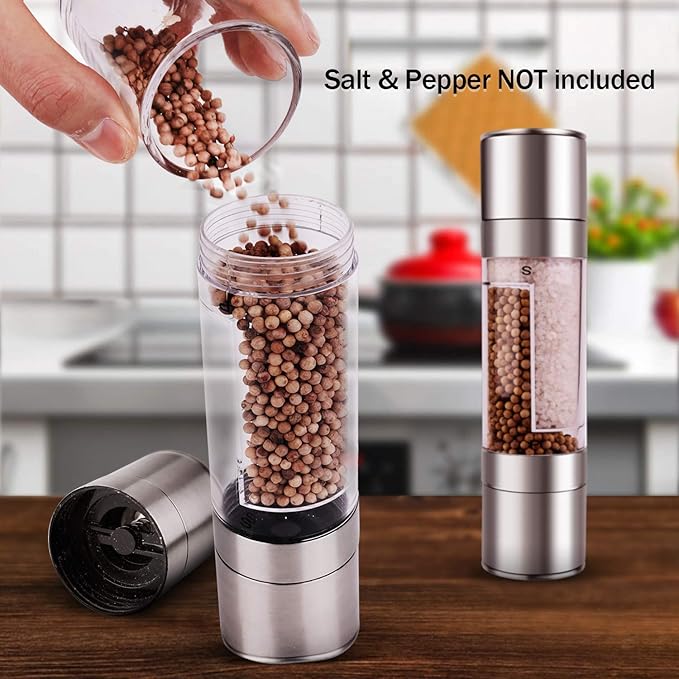 Mixoo Salt and Pepper Grinder - 2 in 1 Manual Stainless Steel Salt Pepper Mill Herb Spice Grinder Shakers Refillable with Adjustable Coarseness Ceramic Rotor and Dual Clear Acrylic Chamber - Image 4