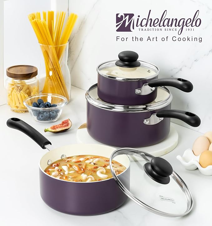 MICHELANGELO Nonstick Sauce Pan with Lid, Ceramic Saucepan Set, Non Toxic Small Saucepans Sets with Stay-Cool Handle, Induction Pots For Cooking, PTFE & PFOA Free - 1Qt & 2Qt & 3Qt, Purple - Image 7