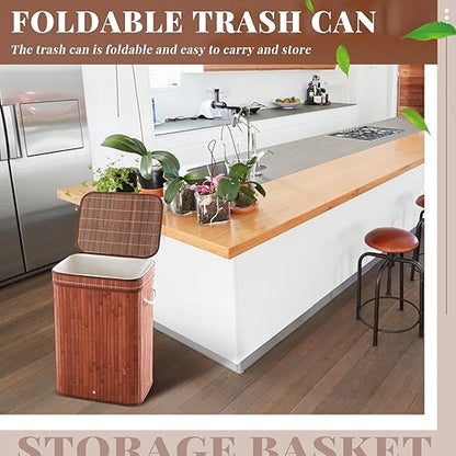 1 Pack 21 Gallon Bamboo Slim Trash Can with Lid Large Foldable Slim Rectangular Garbage Can Bamboo Waste Basket for Bathroom Bedroom Office Home Salon Spa (Coffee)