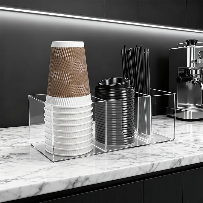 Acrylic Cup Holder for Countertop, 3 Slots Acrylic Coffee Bar Accessories and Organizer Anti Slip Waterproof, Clear Coffee Station Organizer for Cup Lid Straw