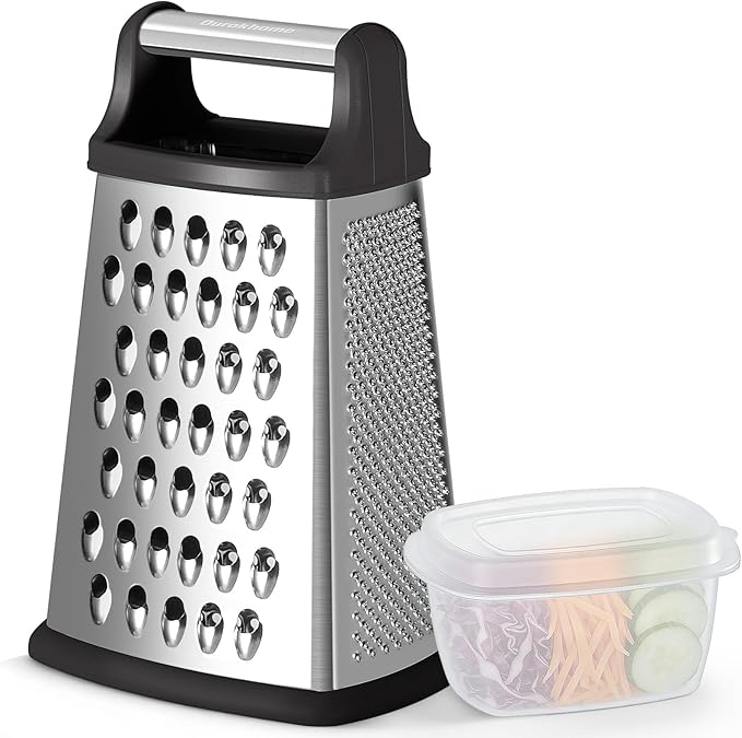 Ourokhome Cheese Grater, Handheld Box Grater with Container & Lid, 4-Sided Stainless Steel for Kitchen, Wavy Julienne, Slicer, Coarse Shred & Fine Zester, Non-Slip Base, Dishwasher Safe, 8 Inch by Ourokhome