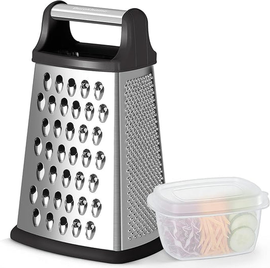 Ourokhome Cheese Grater, Handheld Box Grater with Container & Lid, 4-Sided Stainless Steel for Kitchen, Wavy Julienne, Slicer, Coarse Shred & Fine Zester, Non-Slip Base, Dishwasher Safe, 8 Inch by Ourokhome