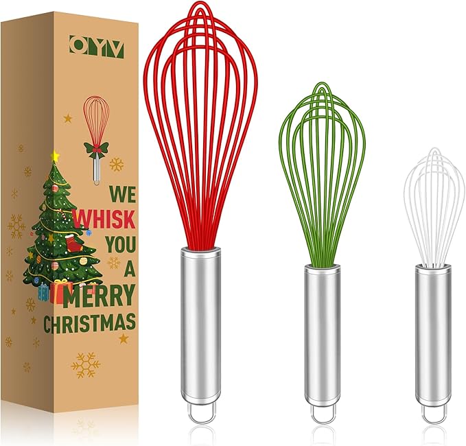 OYV Christmas Whisk Set – 3 Sizes (12”, 10”, 8”) – Holiday Red, Green & White Stainless Steel Whisks for Baking, Cooking & Mixing, Christmas Gift for Bakers & Home Chefs by OYV