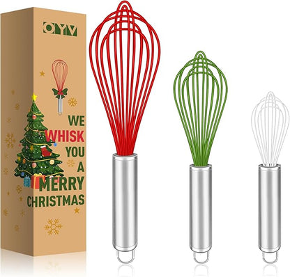 OYV Christmas Whisk Set – 3 Sizes (12”, 10”, 8”) – Holiday Red, Green & White Stainless Steel Whisks for Baking, Cooking & Mixing, Christmas Gift for Bakers & Home Chefs by OYV