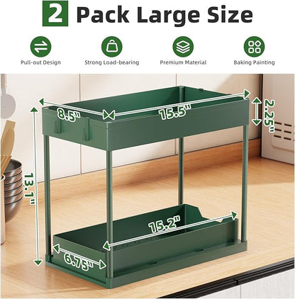 Simple Trending Under Sink Organizer 2 Pack, Sink Pull-Out Sliding Storage Cabinet, 2-Tier Under Shelf Organizer for Kitchen Bathroom, Green - Image 2