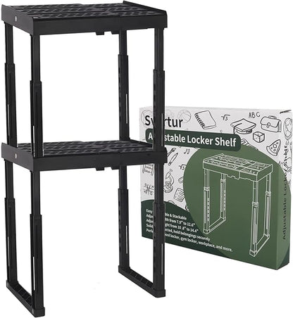Svartur Locker Shelf Adjustable Height and Width, Locker Organizer for Work, Locker Shelves for School Locker, Stack-able Locker Stand Tools for Gym Locker, Locker Accessories Stuff, Black, Pack of 2