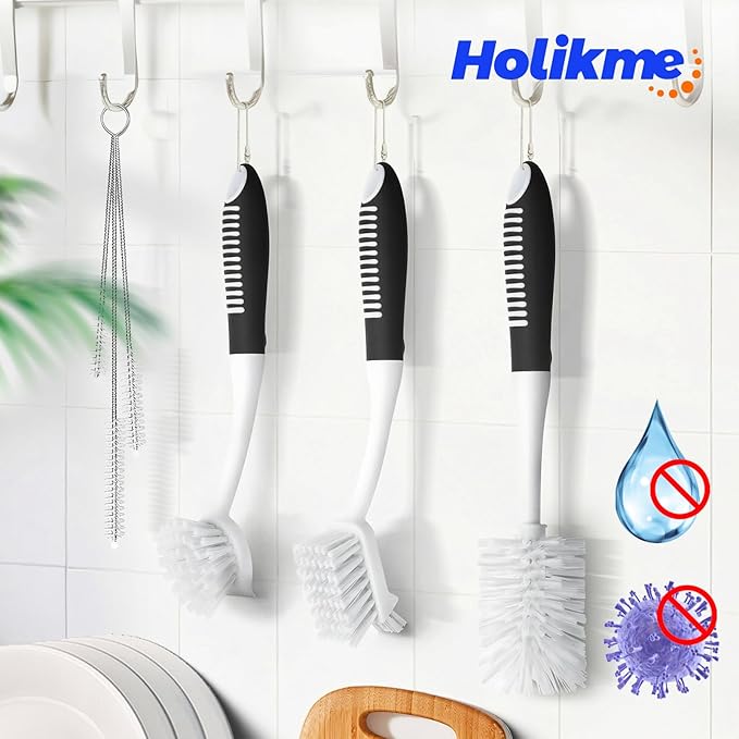 Holikme 6 Pack Dish Brush Set with Bottle Brush, Dish Scrub Brush, Pan Brush and 3 Straw Brushes, Deep Cleaning Handle Brush with Scraper Tip for Kitchen Sink Dishes Bottle Cup Pot and Pans (Black) - Image 7