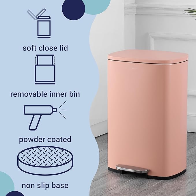 happimess HPM1006G Connor Rectangular 13-Gallon Trash Can with Soft-Close Lid and Free Mini Trash Can, Fingerprint Resistant, Modern, Minimalistic for Home, Kitchen, Office, Bathroom, Flamingo Pink - Image 3