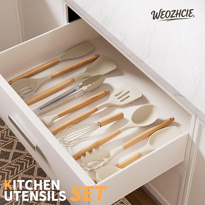 Silicone Cooking Utensil Set,12 PCS Cooking Cookware Kitchen Utensils Set for Cooking, Nonstick 446°F Heat-Resistant Cookware Kitchen Tools of Spoon,Brush,Whisk,Spatula,Turner Tongs (Khaki) - Image 7