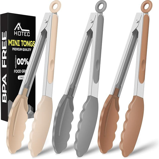 Hotec Mini Silicone Kitchen Tongs for Cooking - 7-Inch Small Serving Tongs with Silicone Tips, Set of 3 (Neutral Color) by Hotec