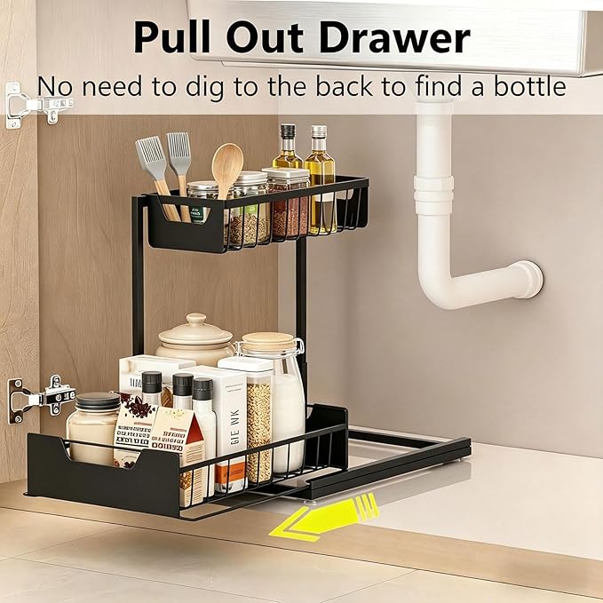 Ceetug Under Kitchen Sink Organizers and Storage Pull Out 2 Tier Metal Bathroom Cabinet Organizer (Black, 1 Pack) - Image 3