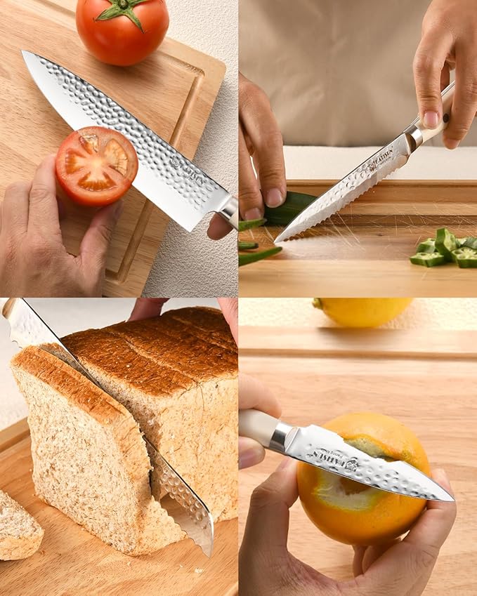 Kitchen Knife Set,14-Piece Knife Set With Block Wooden, Self Sharpening For Chef Knife Set, High Carbon German Stainless Steel Hammered Collection Knife Block Set, Dishwasher Safe Cutlery, Cream - Image 7