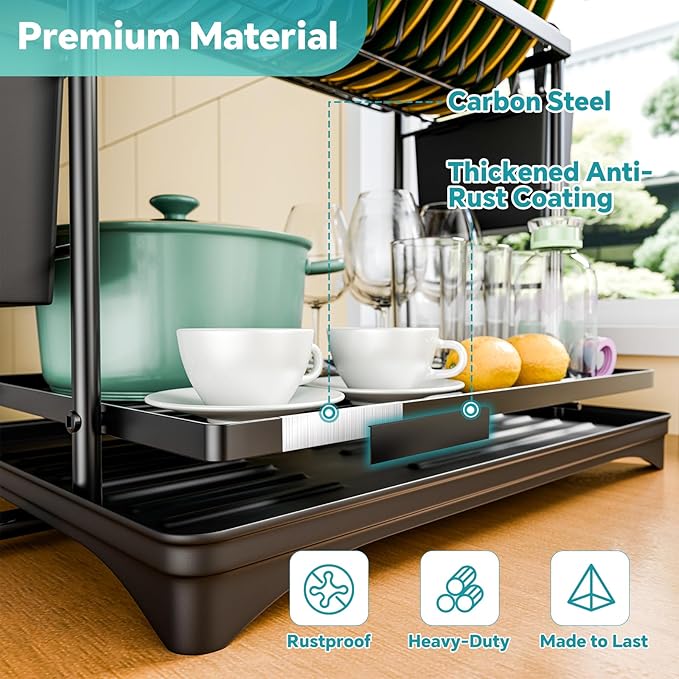 Simple Trending Dish Drying Rack, 2-Tier Dish Rack for Kitchen Counter, Large Dish Drainers Sink Organizers and Storage, Black - Image 6