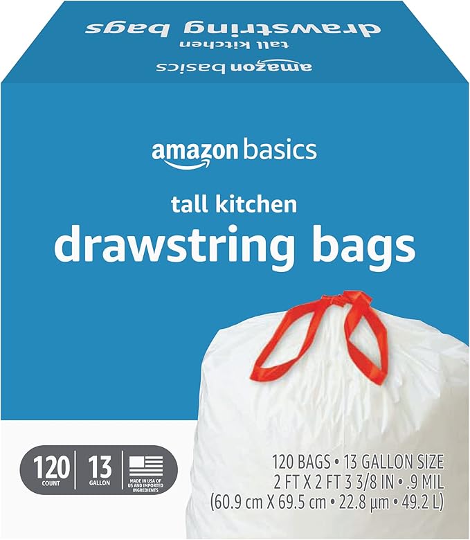 Amazon Basics Tall Kitchen Drawstring Trash Bags, Sturdy and Tear Resistant, 13 Gallon, Unscented, 120 Count by AmazonBasics