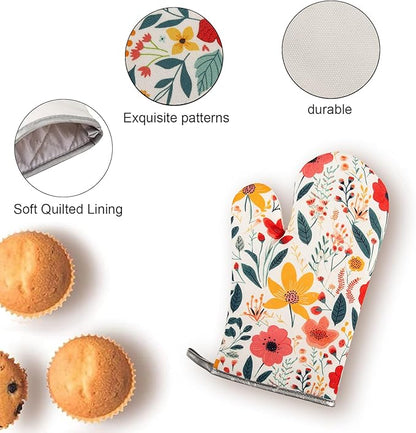 8 Pcs Kitchen Stuff Accessories Include 5 Cute Wooden Spoons & 1 Floral Kitchen Oven Mitts & 1 Pot Holders & 1 Kitchen Apron,Gifts for Women