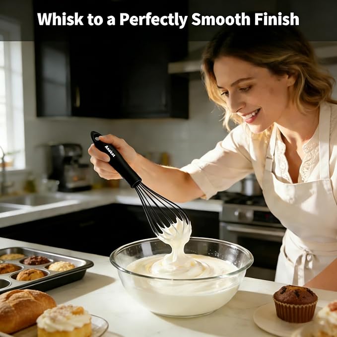 Anaeat Silicone Balloon Whisk, Perfect for Non-Stick Cookware, Milk and Egg Beater Blender, Heat Resistant Kitchen Whisks for Whisking, Cooking, Baking, Beating, Frothing & Stirring (Black) - Image 2