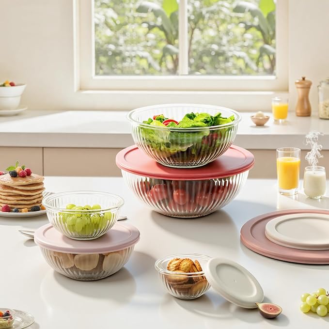 Glass Mixing Bowls with Lids Sets, 5 Packs Glass Bowls with Lids for Kitchen Baking, Meal Prepping and Salad, Bpa Free and Dishwasher Safe Serving Bowls, 0.2/0.5/1.1/2.1/3.7Qt - Image 5