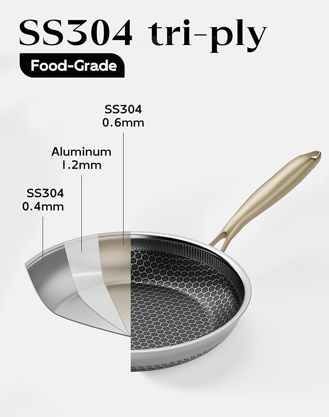 Nonstick Frying Pan with Lid 10-Inch, Durable Stainless Steel Skillet, Induction Cooktop Compatible, PFOA-Free Scratch-Proof, Dishwasher & Oven Safe, Stay-Cool Handle, Silver Kitchen Cookware - Image 8
